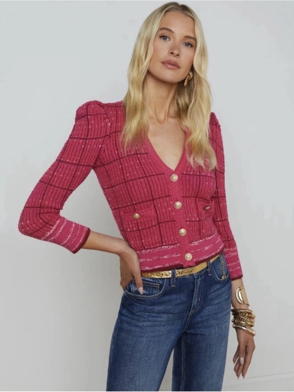L'AGENCE Jenni Plunge Cardigan Plaid Gold Button Three Quarter Size Large